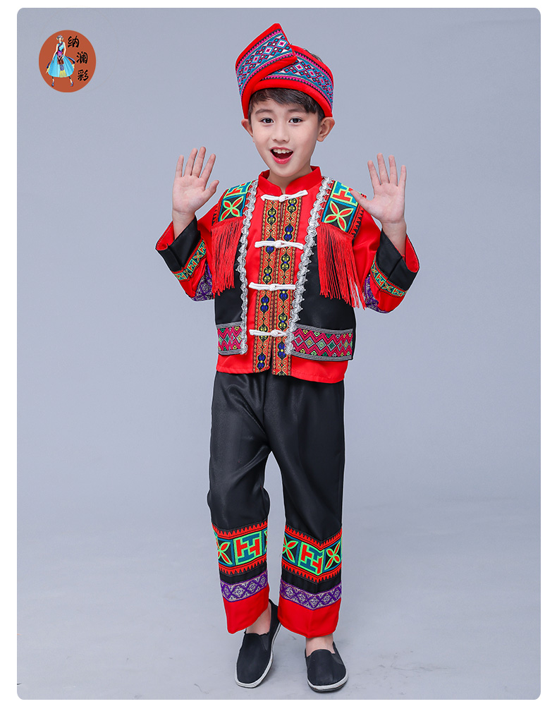 Trẻ em Miao trang phục múa thiểu số Trang phục biểu diễn múa Zhuang quần áo bé trai và bé gái cucurbit trang phục lụa quần áo trẻ con
