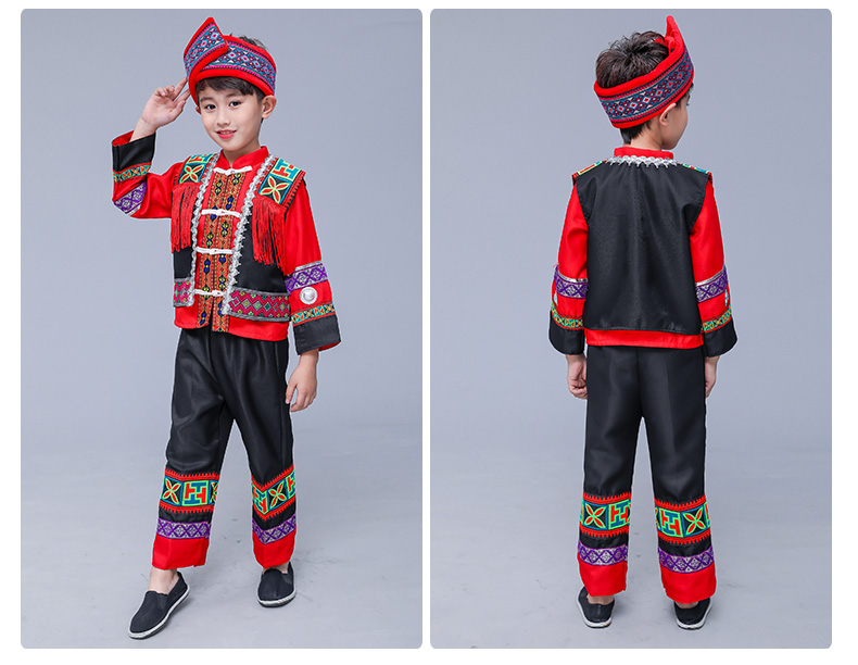 Trẻ em Miao trang phục múa thiểu số Trang phục biểu diễn múa Zhuang quần áo bé trai và bé gái cucurbit trang phục lụa quần áo trẻ con