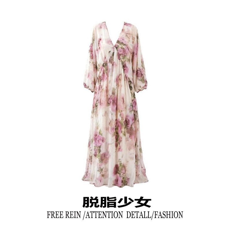 French-Style Spicy Girl V-Neck Floral Long Dress for Slightly Plump Women, Summer 2026 Slim-Fit, Slimming, High-End Dress French-Style Spicy Girl V-Neck Floral Long Dress for Slightly Plump Women, Summer 2026 Slim-Fit, Slimming, High-End Dress