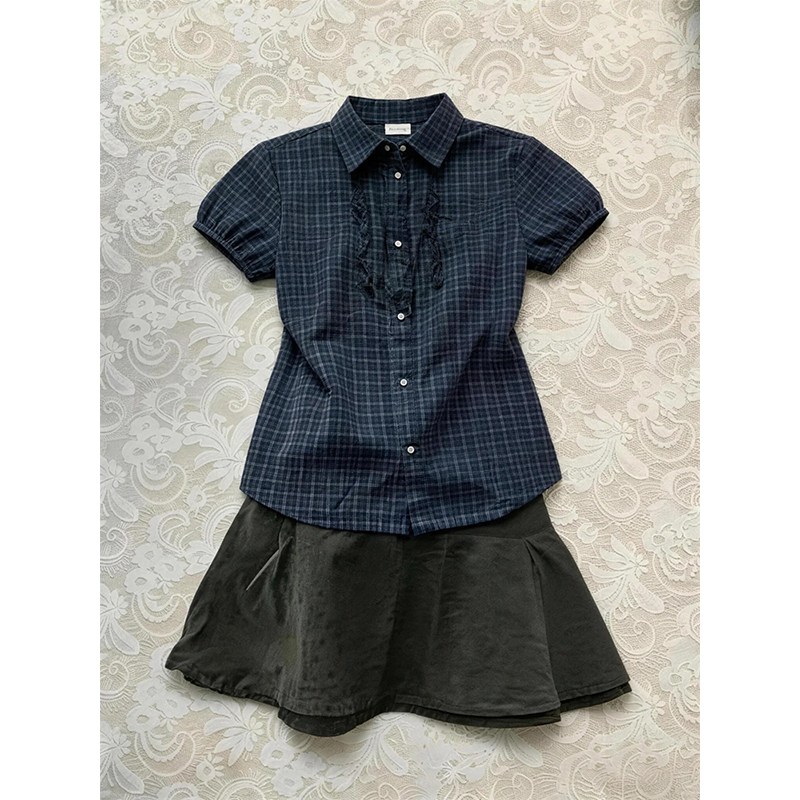 Korean-Style Blue Plaid Puff-Sleeve Shirt for Women 2026 New Summer Slimming Lace Patchwork Short-Sleeve Top