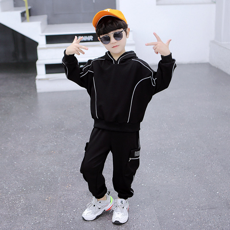 South Korean boy reflective necropolis with cap long sleeve two-piece suit 2022 new spring and autumn ocean pie net red shaking children