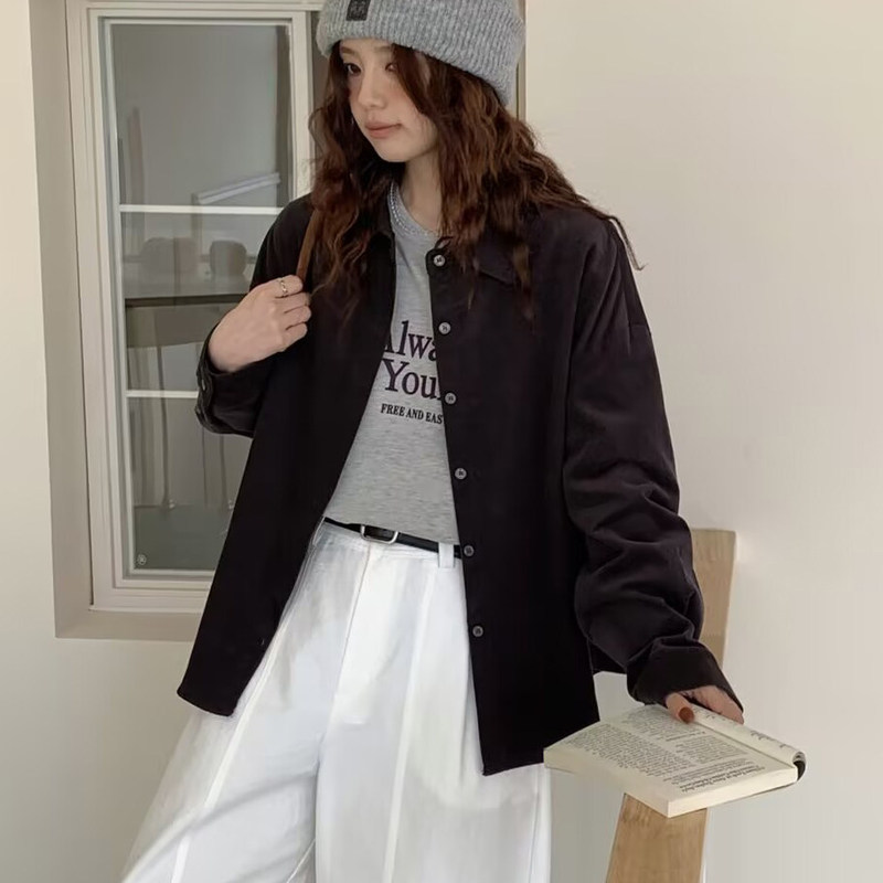 Autumn and Winter Corduroy Thick Long-Sleeved Shirt for Women, Black, Slimming, Loose, Lapel, High-End, Work Clothing, Age-Reducing Top