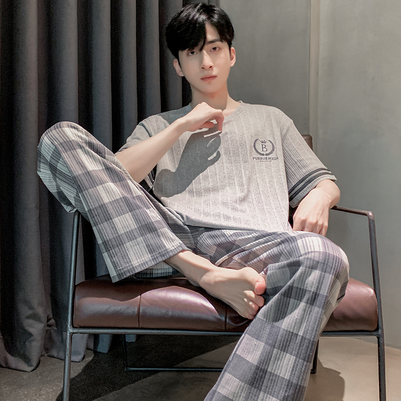 Pajamas for Men, Summer New Style, Pure Cotton, Short-Sleeved, Thin, Men's Youth, 100% Cotton, Summer Long Pants, Simple Home Wear Set