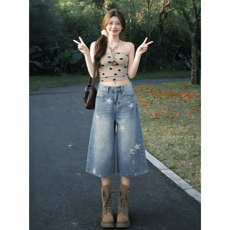 American Retro Distressed Cropped Jeans for Women 2026 New Summer Star Print Slimming Loose Wide-Leg Mid-Length Pants