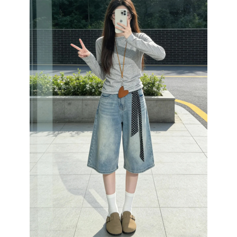 American-Style Denim Capri Pants for Women, 2026 New Summer Thin Version, Super Trendy Design, Loose Straight Wide-Leg Mid-Length Pants