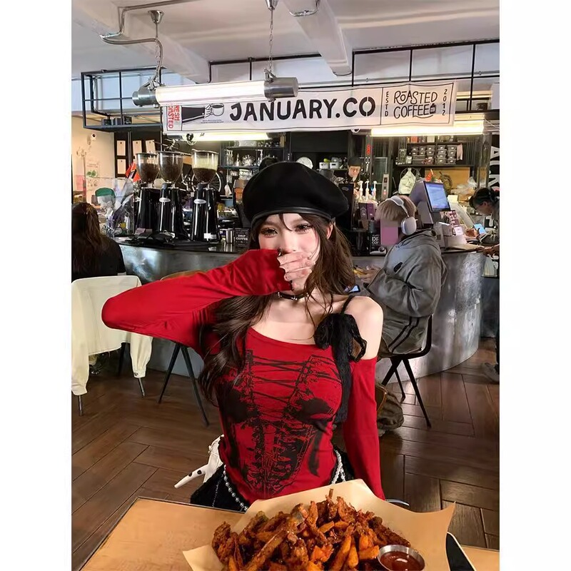 Extra Large Size 150kg Plus-Size Gothic Style Pure Desire Lace-Up Off-Shoulder Long-Sleeve T-Shirt for Women Early Spring Hot Girl Top Extra Large Size 150kg Plus-Size Gothic Style Pure Desire Lace-Up Off-Shoulder Long-Sleeve T-Shirt for Women Early Spring Hot Girl Top