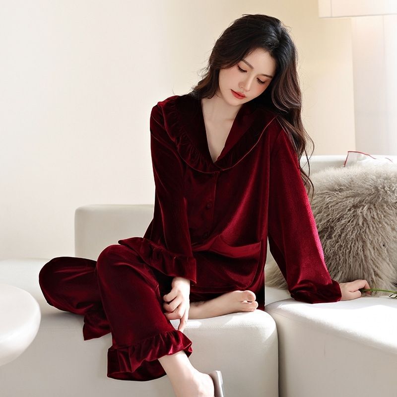 Extra Large Size 150kg Plus-Size Sister Retro Burgundy Velvet Pajama Set for Women, Spring and Autumn High-End Loungewear2 Extra Large Size 150kg Plus-Size Sister Retro Burgundy Velvet Pajama Set for Women, Spring and Autumn High-End Loungewear2