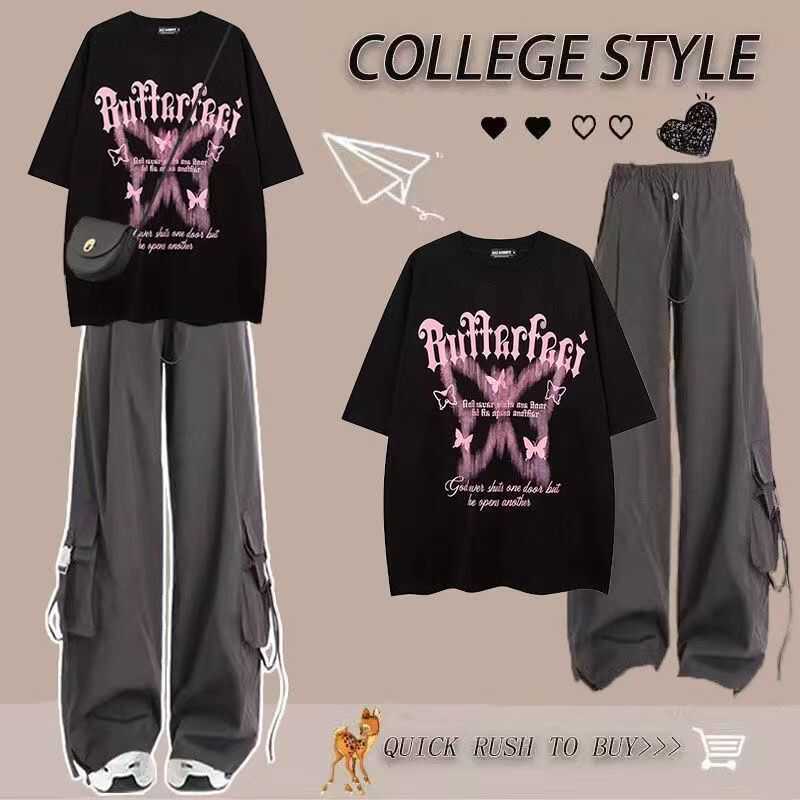 Plus Size 150kg Fat Sister mm Casual Sports Suit Women's Summer Short-Sleeved T-Shirt Work Pants Slimming Two-Piece Set