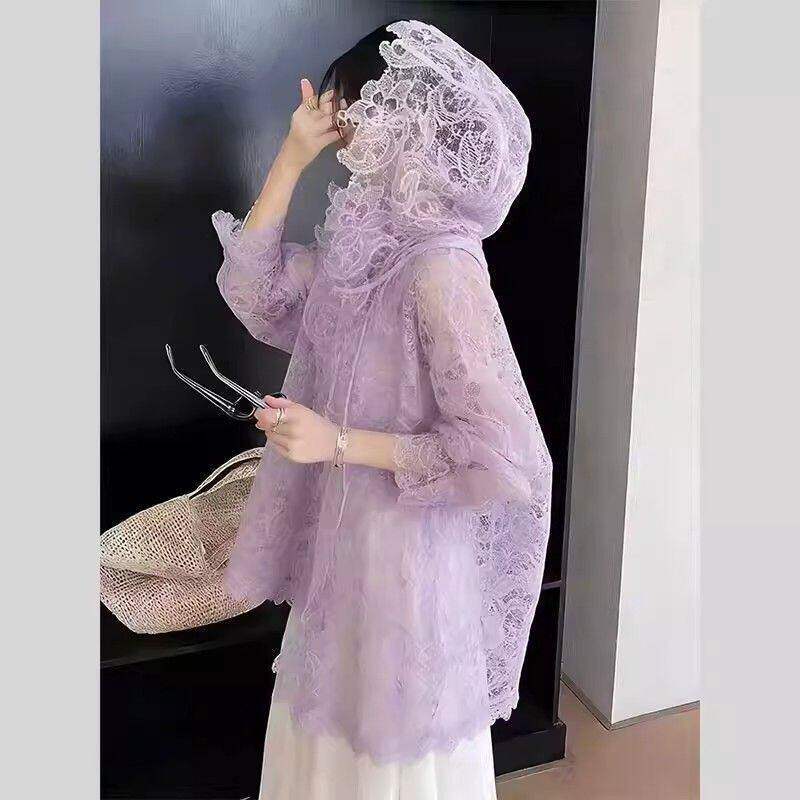 Plus Size 150kg Gentle Style Purple Lace Sun Protection Shirt for Women, Summer Slightly Sheer Lightweight Hooded Jacket 2 Plus Size 150kg Gentle Style Purple Lace Sun Protection Shirt for Women, Summer Slightly Sheer Lightweight Hooded Jacket 2