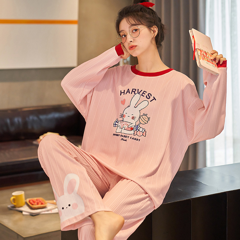 Sleepwear Spring Autumn Season Korean Version Round Collar Lady Pure Cotton Long Sleeve Cartoon Long Pants Suit Full cotton Home Clothing Winter Extras