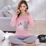 Đặc biệt hàng ngày mùa xuân và mùa thu phiên bản Hàn Quốc của phụ nữ cổ tròn cotton dài tay đồ ngủ hoạt hình quần phù hợp với dịch vụ nhà bông áo kiểu trung niên