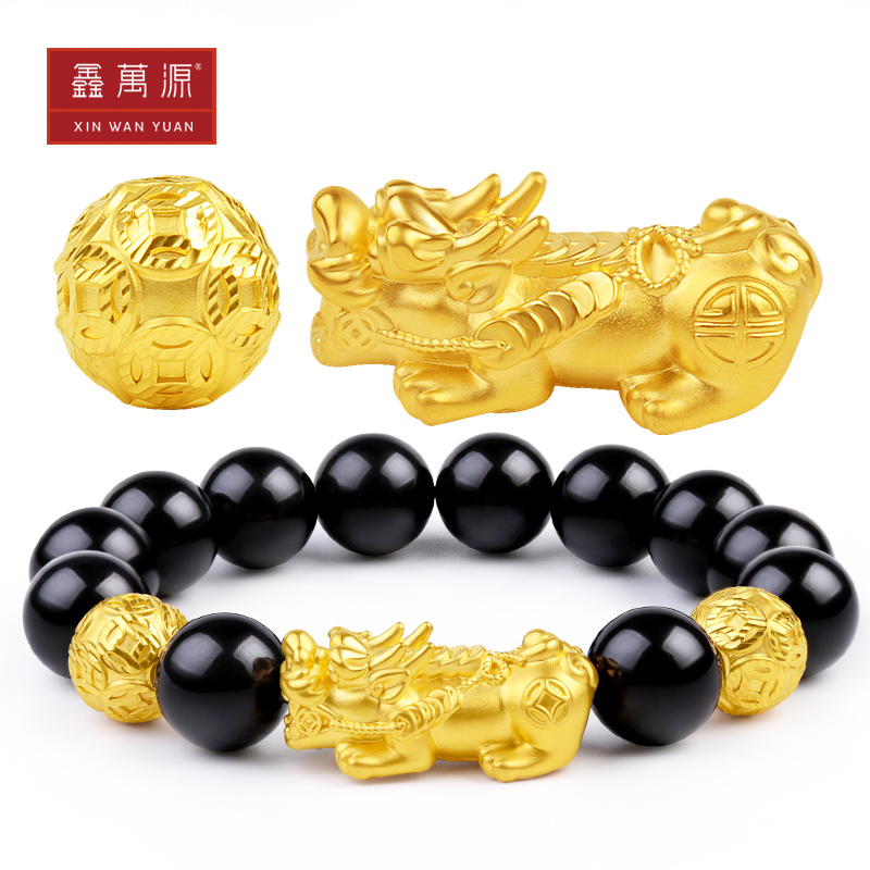 Xin Wanyuan Gold Pixiu Hand Train Men's 999 Pure Gold Piqiu Bracelet 3D Hard Gold Transfer Bead Pixiu Bracelet Women