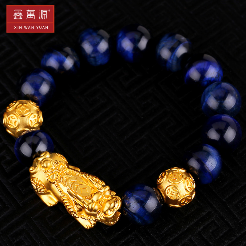 Xin Wanyuan Gold Gold Leopard Handstring Male 3D Hard Gold Hand Pure Gold Foot Gold Blue Tiger Eye Stone Hand Strings Female Gifts