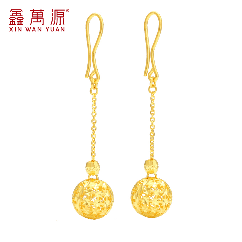 Xin Wanyuan Gold Earrings Women's 999 Foot Gold Earrings Long Edition Hollow Flower Ball Earrings 24K Pure Gold Jewelry