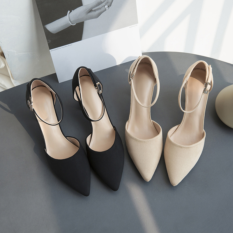 High heels women's thick heels 2021 spring and summer new French girl net red all-match one-word buckle pointed toe small fresh single shoes