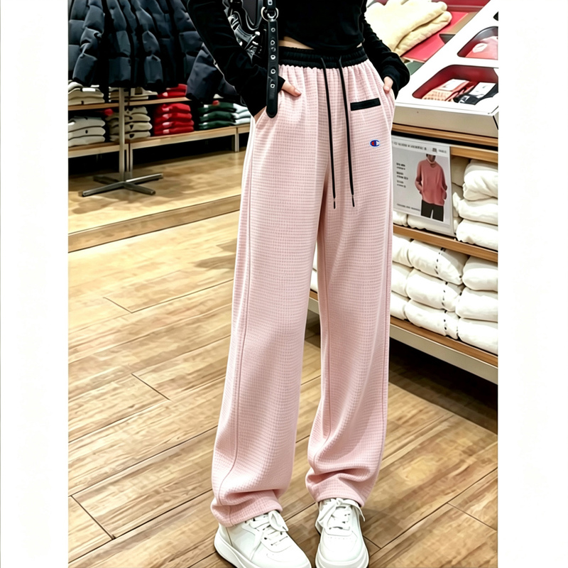 Japanese Champion Brand Pink Wide-Leg Pants for Women, Autumn Slim-Fit Color-Block Straight Pants, Slimming, 2026 Autumn and Winter New Style