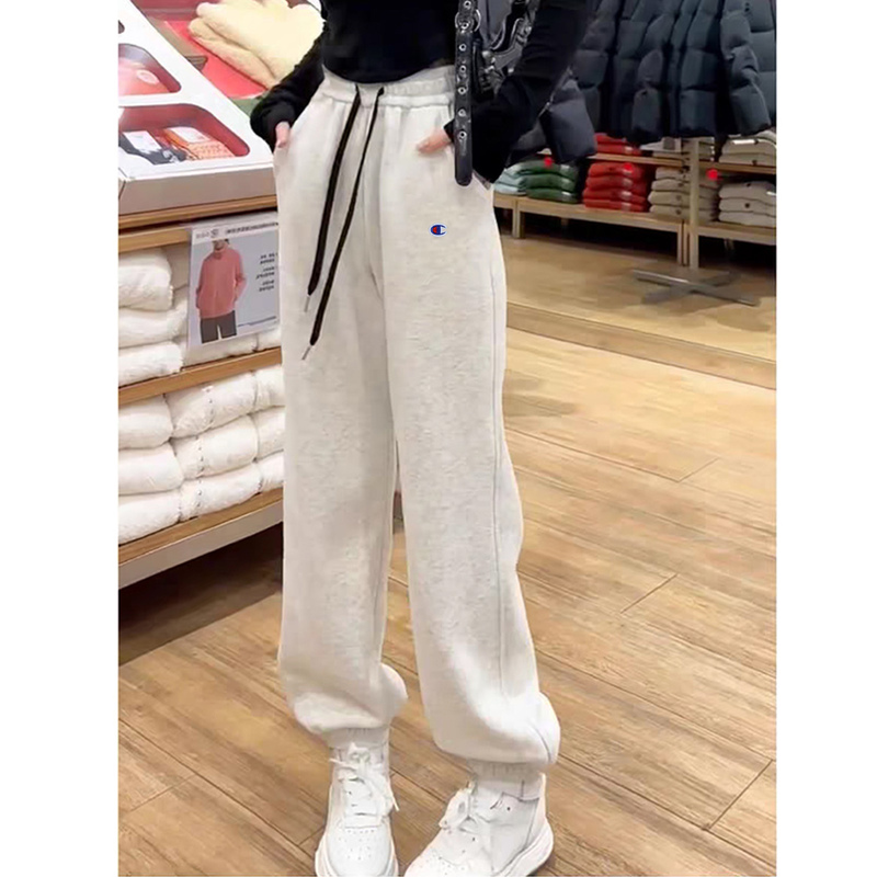 Japanese Style Champion Jogger Pants for Women, Autumn Gray Wide-Leg Pants, 2026 Autumn and Winter New Fleece-Lined Sports Casual Pants