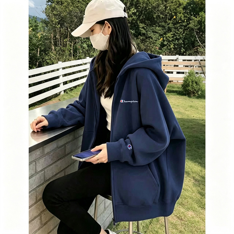 Japanese Champion Navy Blue Jacket for Women, Autumn Hooded Sweatshirt, Baseball Jacket, 2026 Autumn and Winter New Style, Fleece-Lined, Lazy Style Japanese Champion Navy Blue Jacket for Women, Autumn Hooded Sweatshirt, Baseball Jacket, 2026 Autumn and Winter New Style, Fleece-Lined, Lazy Style