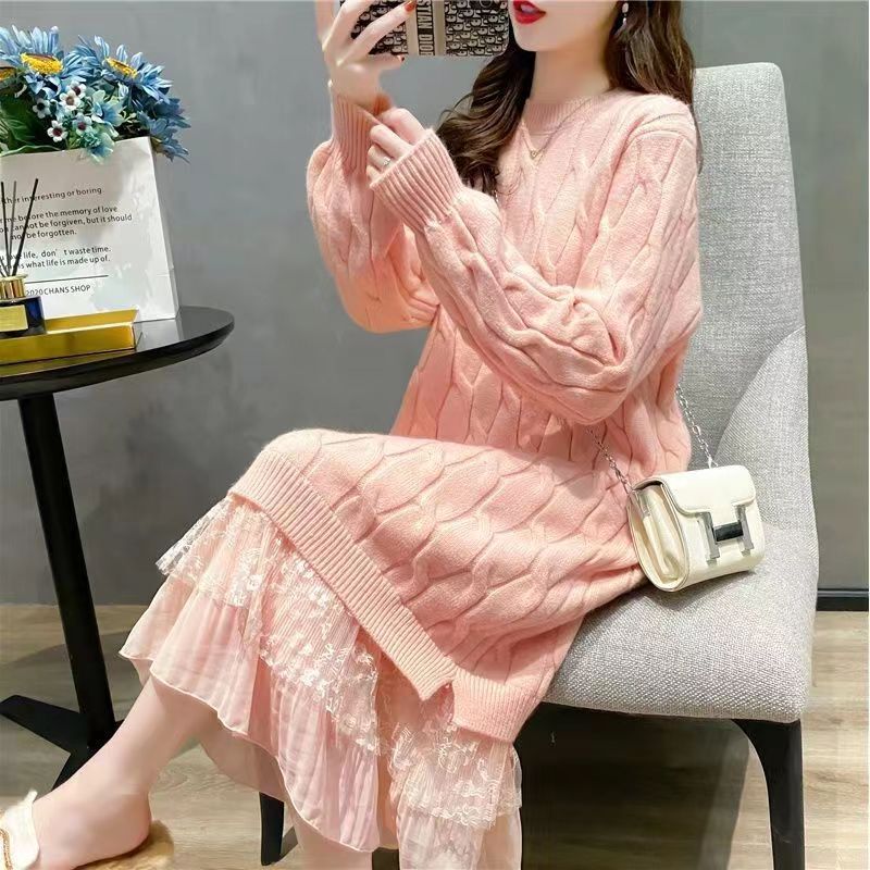 Mid-Length Dress for Women, Autumn and Winter New Style, Loose, Thickened, Lace, Over-The-Knee Knit Sweater Dress, Base Dress to Wear with a Coat