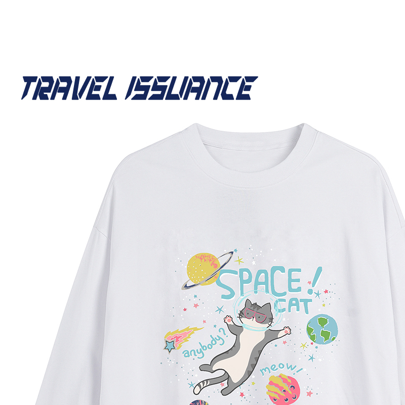 Travel Issuance It's Hard to Guess! American-Style Fun Cat Print Round-Neck Loose Casual Couple's Long-Sleeve T-Shirt