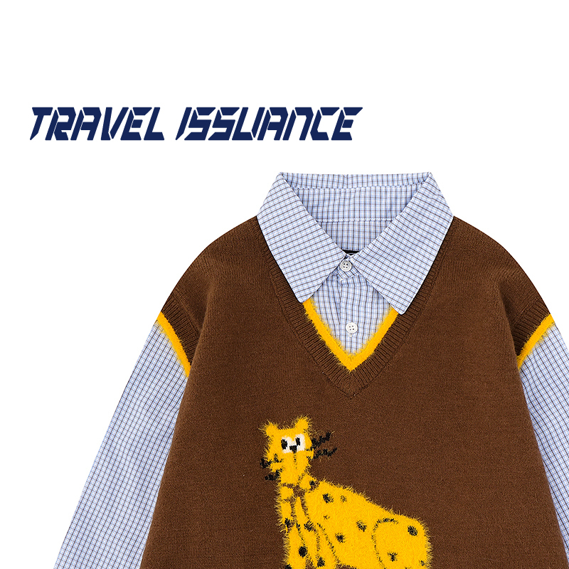 Travel Issuance Seems Smart and Stylish, a Faux Two-Piece Leopard Jacquard Loose Casual Sweater for Women, Versatile
