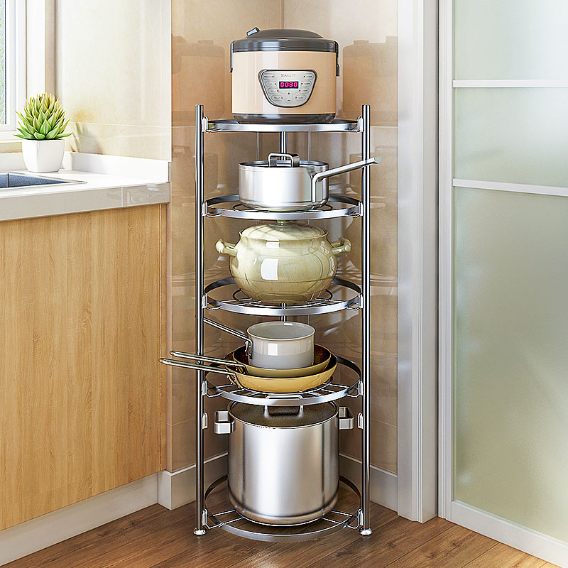 Kitchen shelves stainless steel pot frame triangular multifunctional floor fan-shaped multi-layer corner household storage frame