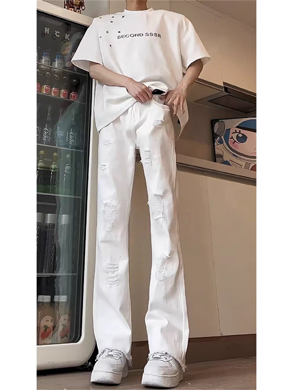 White Ripped Jeans for Men, Summer Thin Style, American High Street Vibe, Trendy Brand Pants, Slim Fit Straight Leg, Slightly Flared Pants