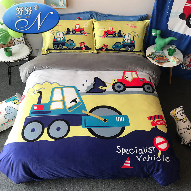 Small car Four pieces Coral Suede Cartoon Children Three Sets Flannel Winter Thickened warm quilt cover young boy