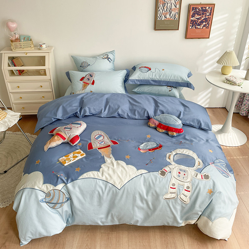 Cartoon Boy 60 Long Suede Cotton Gon Satin Four Pieces Pure Cotton Embroidered Quilt Cover Bed Linen Cute Children Bed supplies