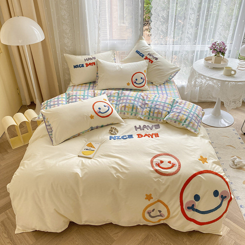 Korean Style Towel Embroidery Cute Pure Cotton Cartoon Four Pieces Nude Sleep Bed Linen Quilt Cover Student Dormitory Summer Three Sets