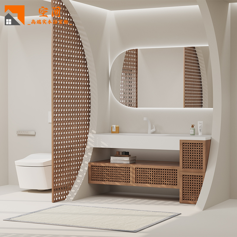 Rattan Bathroom Cabinet with Integrated Corian Basin, Bathroom Cabinet Set, Washbasin for Bathroom, Bathroom Sink for Washing Hands and Face