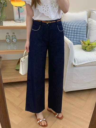 不掉色秋季新款直筒牛仔裤女大码胖mm显瘦梨型身材深蓝色阔腿裤子