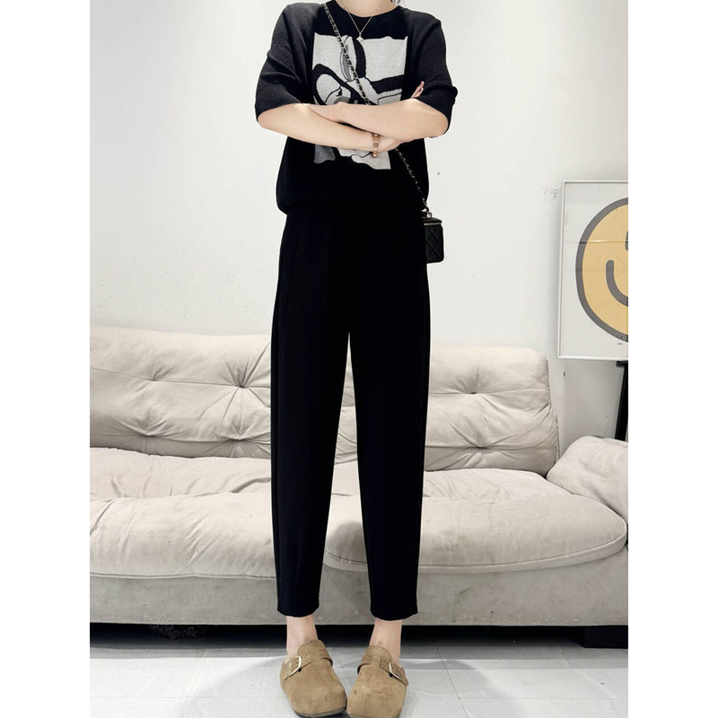 Cool Black Harem Straight-Leg Casual Pants for Women, Summer Thin Style, Plus Size, Petite, Elastic Waist, Slimming Tapered Pants Cool Black Harem Straight-Leg Casual Pants for Women, Summer Thin Style, Plus Size, Petite, Elastic Waist, Slimming Tapered Pants