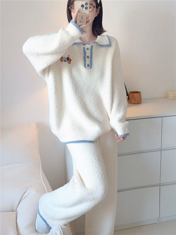 2026 New Style Pajamas for Women, Sweet Lapel, Thickened Half-Velvet, Autumn and Winter Knitted Coral Velvet Home Wear Set 2026 New Style Pajamas for Women, Sweet Lapel, Thickened Half-Velvet, Autumn and Winter Knitted Coral Velvet Home Wear Set