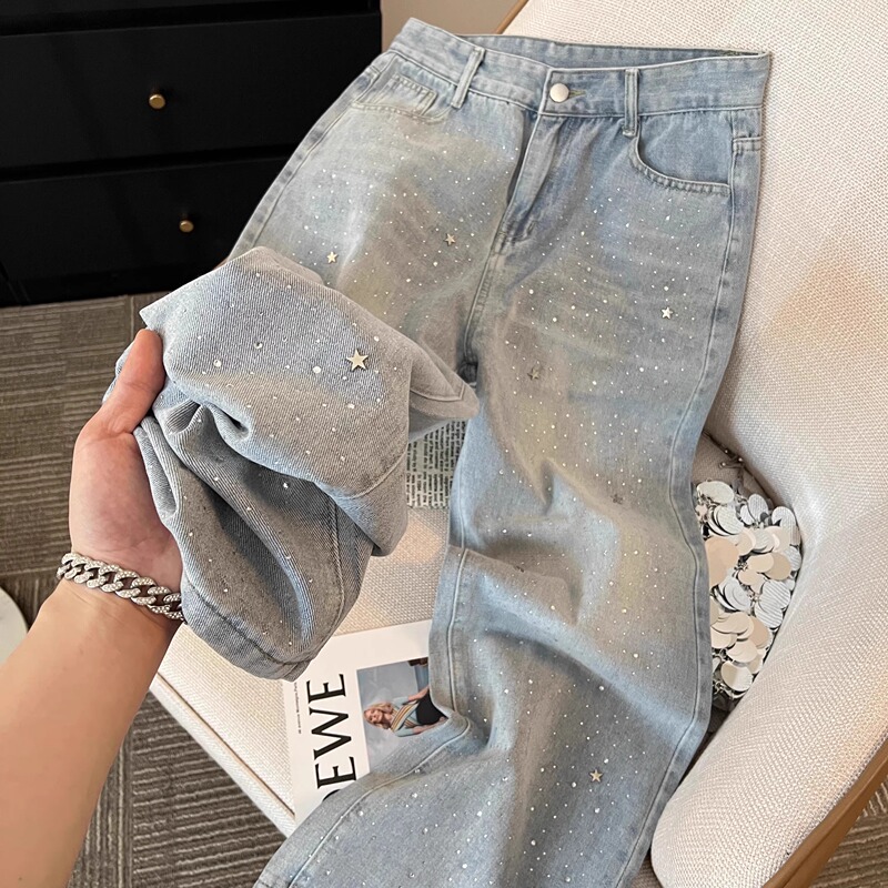 2026 Spring and Autumn Light Blue Elegant Star Rhinestone Shiny High-Waisted Slimming Goddess Wide-Leg Denim Pants Women's Fashion Trend