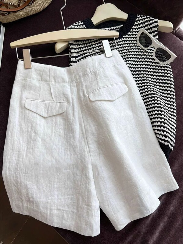 Japanese-Style White Linen Suit Shorts for Women, Summer High-Waisted Thin Niche Design Wide-Leg Cotton-Linen Casual Five-Point Shorts