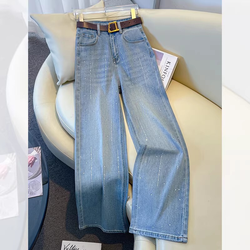 Star-Studded Sparkling Rhinestone Wide-Leg Jeans for Women, 2026 Spring New Style, Light-Colored, High-Waisted, Loose, Slimming Straight-Leg Pants