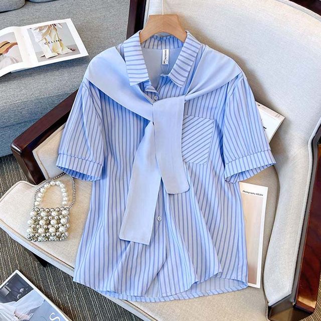 Guangzhou Thirteen Lines Explosive Big-name Foreign Trade Export Orphaned Sample Clothes New Design Striped Shirt Women's Fake Two Pieces