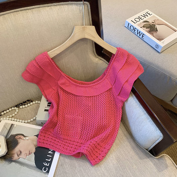 Picking up discount store shopping mall counters pink short square collar hollow knit sweater women's summer sweet and spicy style age-reducing chic