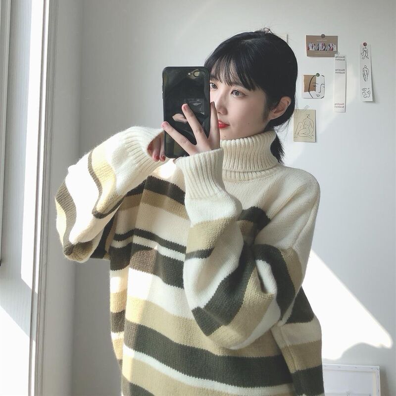 Casual Style Slimming Outerwear Autumn and Winter Striped Sweater for Women High-Neck Student Korean Style Loose Pullover Trendy Knit Top Casual Style Slimming Outerwear Autumn and Winter Striped Sweater for Women High-Neck Student Korean Style Loose Pullover Trendy Knit Top