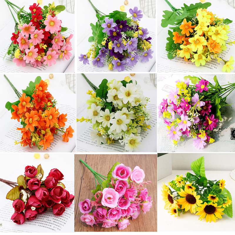 Small daisy fake flower emulation flower bouquet plastic flower small take the flower rose silk bouquet with dry flower home furnishing field wind decoration