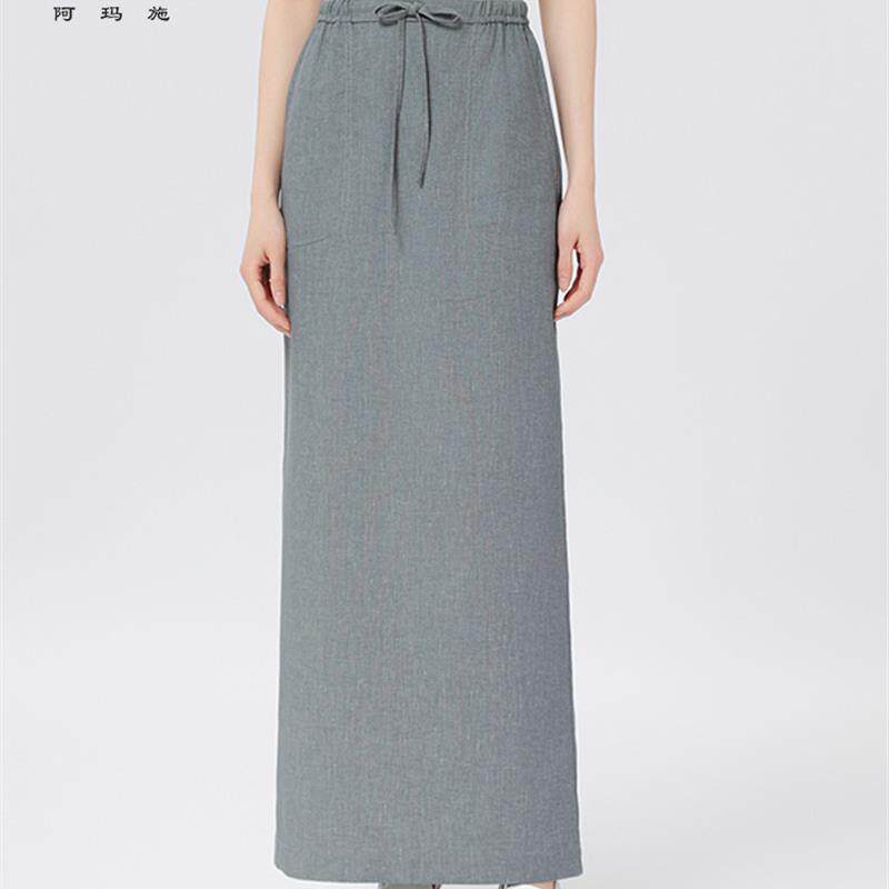 阿玛施春夏时尚复古气质直筒长裙休闲纯色亚麻半身裙女520012