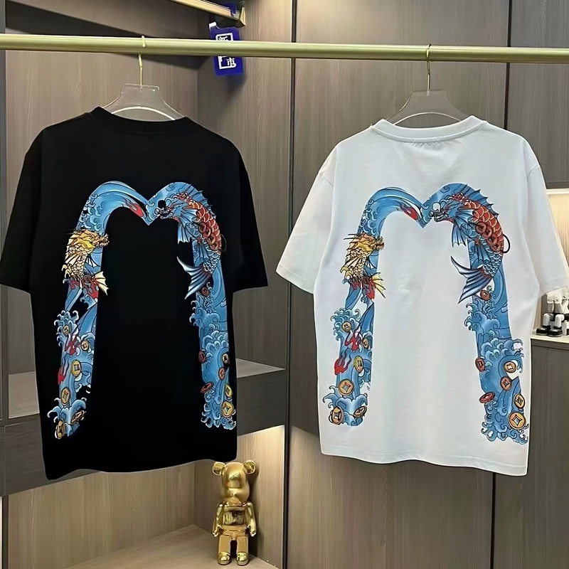 Trendy American-Style Carp Leaping over the Dragon Gate Letter Print Short-Sleeve T-Shirt for Men and Women, Summer Thin Couple's Top T-Shirt