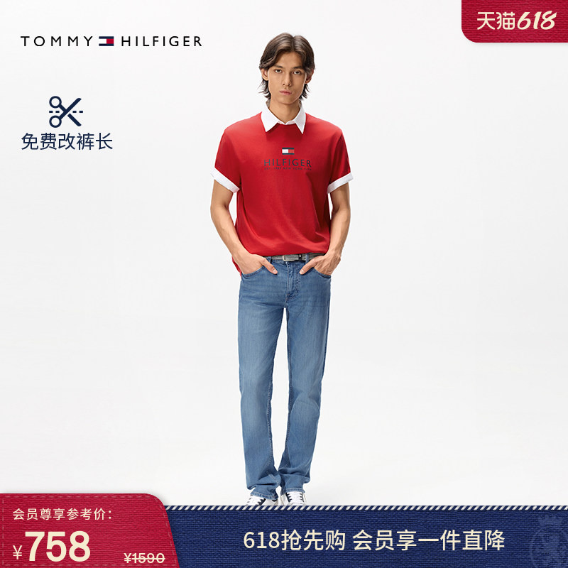 Tommy Spring and Summer Men's Classic American Trendy Retro Slightly Stretchy Blue Washed Straight-Fit Slimming Jeans