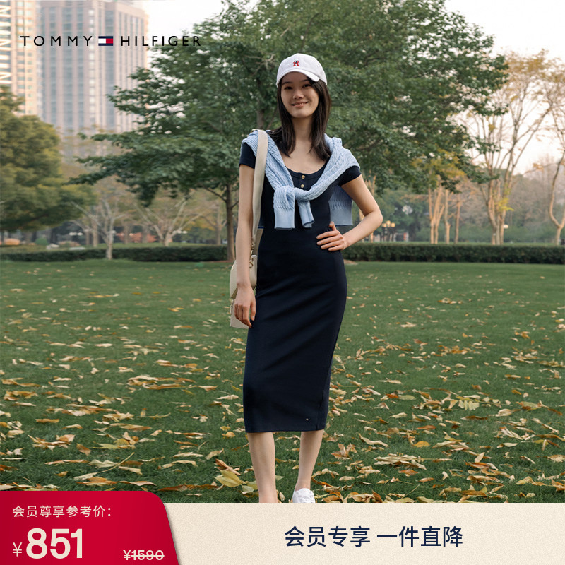 【U-Neck Metal Buckle】Tommy Spring and Summer Women's Clothing, Casual and Elegant, Slim-Fitting, Slimming Knit Long Dress 【U-Neck Metal Buckle】Tommy Spring and Summer Women's Clothing, Casual and Elegant, Slim-Fitting, Slimming Knit Long Dress
