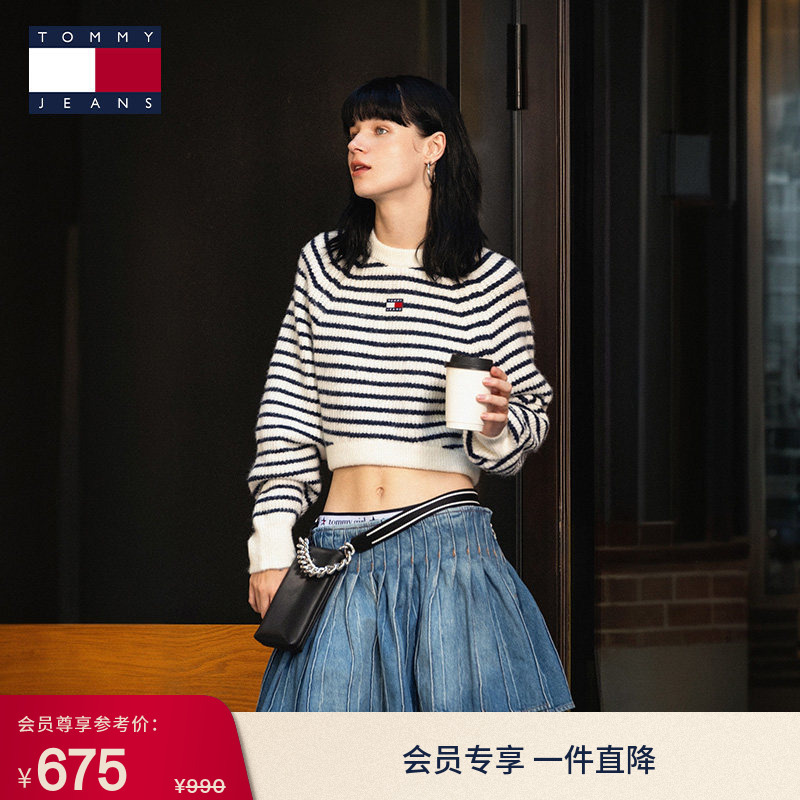 Tommyjeans Autumn and Winter Women's Clothing Contains Wool Blend Textured Stripes Embroidered Hot Girl Short Sweater Knitwear Tommyjeans Autumn and Winter Women's Clothing Contains Wool Blend Textured Stripes Embroidered Hot Girl Short Sweater Knitwear