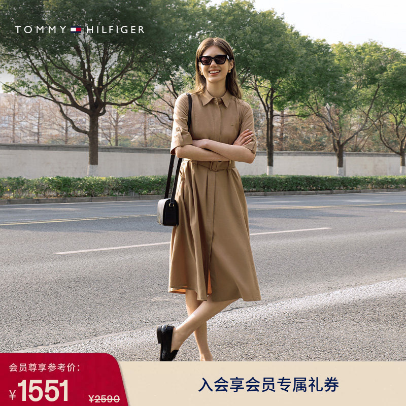 Tommy Spring and Summer Women's Clothing Features Mulberry Silk, Elegant Casual Lightweight Three-Quarter Sleeve Waist-Cinching Slimming Shirt Dress