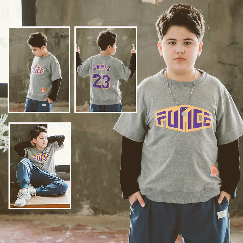 Big Boy Fat Boy T-shirt Long Sleeve Large Size Spring and Autumn Fat Boy Fat Boy Fat Two Pieces of Weight and Big Fall Coat