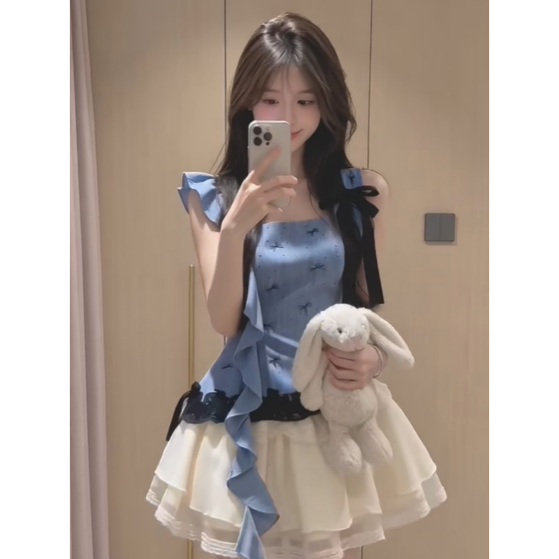2026 New Exquisite Bow-Tie Blue Top and Half-Length Dress for Women, Summer Outfit Set with a Very Attractive Short Skirt 2026 New Exquisite Bow-Tie Blue Top and Half-Length Dress for Women, Summer Outfit Set with a Very Attractive Short Skirt