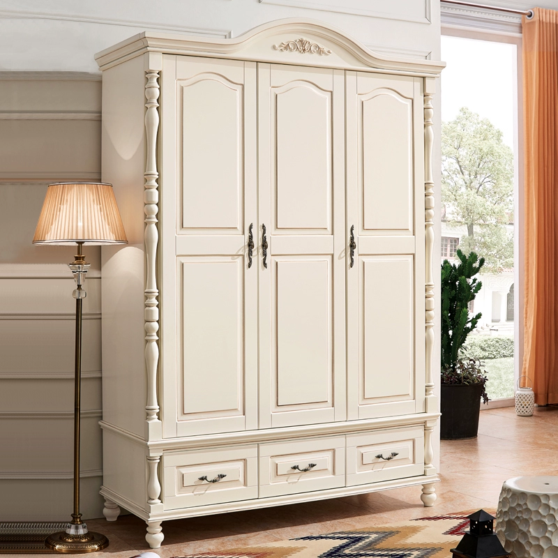 Tủ quần áo bốn cửa kiểu Mỹ Tủ quần áo ba cửa bằng gỗ nguyên khối Kiểu châu Âu màu trắng mục vụ nội thất phòng ngủ tổng thể - Buồng